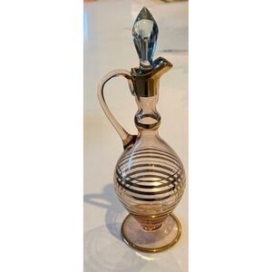 Vintage Pink Glass Decanter Gold Striped Cruet with Stopper Mid Century Modern